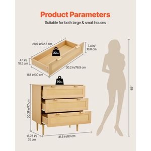 Commode moderne à 3 tiroirs en rotin pour chambre de style farmhouse, commode en rotin naturel avec poignées métalliques et pieds en bois - Product Image 1