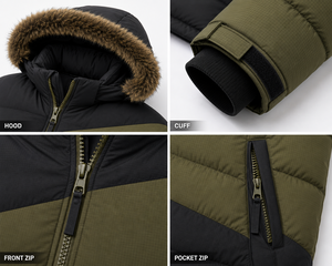 Veste d'hiver décontractée en velours côtelé pour homme, avec capuche amovible en fausse fourrure, logo frontal, rembourrage en duvet, imperméable et coupe-vent, vente en gros - Product Image 5