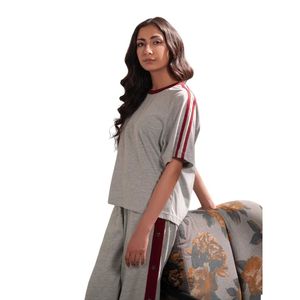 <b>Women</b> Grey Two Piece <b>Lounge</b> Set Short Sleeve Top Matching Wide Leg <b>Pants</b> Burgundy Side Stripes Casual Sportswear Manufacturer - Product Image 2