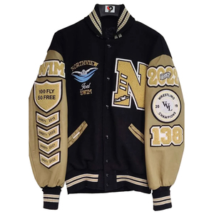 Chaqueta Universitaria Premium OEM Estilo Letterman de Béisbol, Cuerpo Negro y Mangas de Cuero Blancas, Chaquetas Varsity - Product Image 5