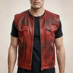 Chaleco de Cuero Rojo Vintage de Alta Calidad para Hombre, Chaleco Clásico para Motociclistas con Cierre Frontal de Broches, para Usar en Todas las Estaciones - Product Image 3