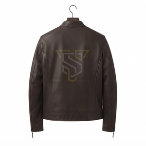 Blouson moto homme en cuir véritable marron foncé respirant, col montant, fermeture éclair, coupe classique, pour l'hiver - Product Image 4