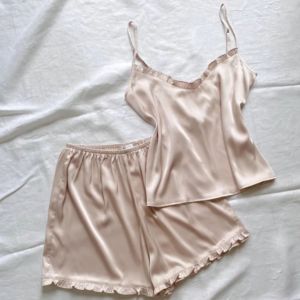 Custom Women Satin <b>Pajama</b> Set Strap Cami Top & Shorts Silk Sleepwear Set - Product Image 5