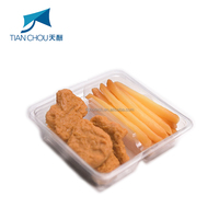Emballage alimentaire en plastique rectangulaire transparent en PET, matériaux recyclés écologiques personnalisés, 2 plateaux divisés pour les frites
