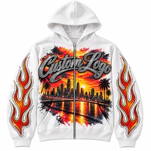 Custom Rhinestone Flame 100% Cotton Fleece Men's <b>Black</b> Studded <b>Zip</b> up Streetwear <b>Hoodie</b> OEM Private Label Printed Design - Product Image 1