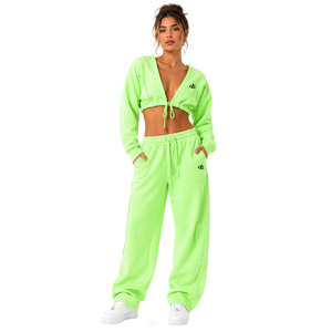 Ensemble de survêtement chic pour femme, comprenant un sweat à capuche court à col en V profond et à nouer sur le devant, et un pantalon de survêtement à jambe large en molleton épais, avec logo personnalisé, style streetwear décontracté - Product Image 5