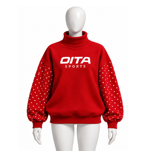 <b>Red</b> Oversized <b>Women</b> Mock Neck <b>Sweatshirt</b> Pearl Studded Sleeve Pullover Loose Fit Casual Streetwear Long Sleeve Winter Fashion - Product Image 1