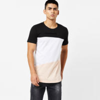 T-shirt à manches courtes pour hommes, noir, rose clair, color block, point de croix, col rond, décontracté