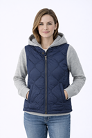 Marineblaue, gesteppte Damen-Pufferweste mit Kapuze und grauen Fleece-Ärmeln – leichte, mehrlagige Winter-Oberbekleidung mit Reißverschluss für den Alltag