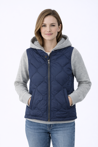 Chaleco acolchado con capucha para mujer, color azul marino, con mangas de forro polar gris, ligero, para invierno, con cremallera, informal - Product Image 4