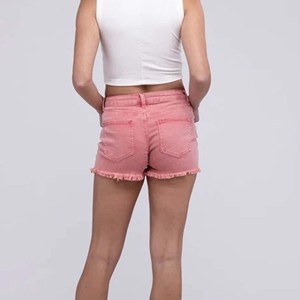 Pink <b>High</b> <b>Waist</b> Denim <b>Shorts</b> Women's Casual Frayed Hem Solid Color Button Fly Washed Style Polyester/Cotton Eco-Friendly Vintage - Product Image 4
