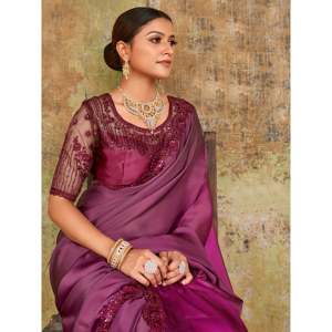 Maravilloso Sari de fiesta de satén bordado púrpura con blusa para vestidos de cóctel - Product Image 5