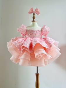 92 Girls Red Princess Party Dress Floral Gold Pattern Puff Sleeves Layered Ruffle Tulle Skirt for Birthday and Festive Wear - Product Image 1