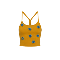 Débardeur pour femme en coton vert olive à motif floral et colibri perlé, style croisé, collection Printemps/Été