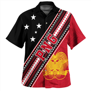 Chemise décontractée à manches courtes pour homme, motif drapeau de Papouasie-Nouvelle-Guinée, motif floral rouge, noir, oiseau, étoile blanche, tricoté, style unique 100 - Product Image 1