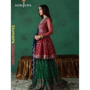 ชุดเลเฮนกาแบบเปปลัมสีสันสดใสประดับอัญมณี คอลเลคชั่น Asim Jofa SSUMAIRA พร้อมเสื้อปักลายผ้าตาข่าย สำหรับงานแต่งงานหรืองานอีดอย่างเป็นทางการ - Product Image 4