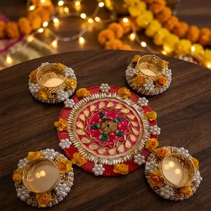 Ensemble de porte-bougies à bougies chauffe-plat faits à la main en or rouge et perles avec plateau floral Rangoli pour Diwali, mariage, festival, décoration intérieure, cadeaux - Product Image 3