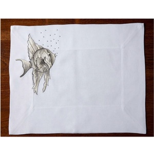 Luxury Embroidered Anglefish Design Place Mat Set <b>White</b> Cotton Linen Washable Wedding Home Dining Napkin Set - Product Image 2