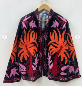 Velvet Embroidered Floral Blouson Jacket <b>Button</b> Collar Full Sleeve Handmade Breathable Eco-Friendly Autumn Women's Regular GIFT - Product Image 2