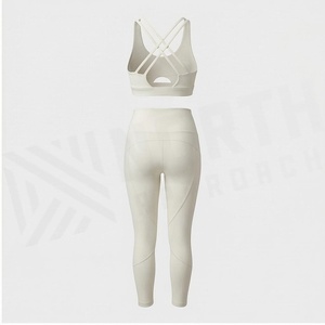 2 Piece Yoga Set High Waist Full Length Seamless <b>Racerback</b> Sports <b>Bra</b> Leggings Solid White Spandex Polyester Stretch Front - Product Image 3