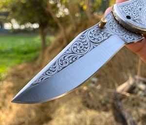 Couteau de poche pliant gravé le plus vendu, OEM, fait main, forgé, tranchant, pour la chasse, en acier à haute teneur en carbone, personnalisable - Product Image 2