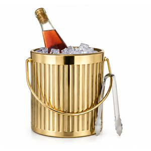Seau à glace moderne de luxe en métal avec couvercle à bouton doré, seau à vin en acier inoxydable texturé argenté pour hôtel, bar et mariage - Product Image 3