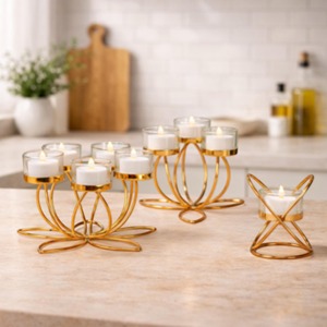 Flower Shape Style Gold Metal And Glass <b>Candle</b> Stand Suitable For Home Decor Living Room Table And Shelf Styling From India - Product Image 3