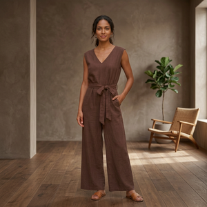 Combinaison marron sans manches en rayonne, col en V, longueur cheville, dos à découpe, ceinturée, coupe classique, décontractée d'été, tissée, respirante et confortable - Product Image 4