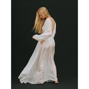 Elegante vestido largo de satén blanco con cuello en V profundo y manga larga para mujer, vestido de noche holgado estilo bohemio para fiesta. - Product Image 6