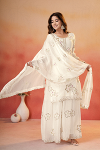 Fendy <b>Silk</b> Multi Embroidery Sequence Kurti Set With Lined Elastic <b>Palazzo</b> <b>Pant</b> And Matching Embroidered Dupatta For Women UV 150 - Product Image 2