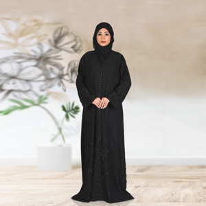 Abaya Islámica Modesta de Tela Nida con Panel Frontal Vertical Adornado con Cristales, Silueta Recta Elegante, Largo hasta el Suelo para Mujer - Product Image 5