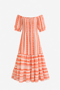 Robe longue en coton jacquard pour femmes, style bohème, col en V, manches cloche, fabrication artisanale - Product Image 2