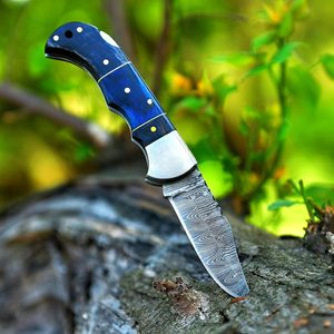 Cuchillo Plegable de Bolsillo Damasco Negro y Azul Hecho a Mano para Hombre - Cuchillo de Acero Damasco de 7 Pulgadas con Mango de Madera y Funda de Cuero DIY OEM - Product Image 1