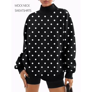Women's <b>Black</b> Polka Dot Mock <b>Neck</b> <b>Sweatshirt</b> Lantern Sleeve Pullover Casual Knit Top for Autumn - Product Image 2