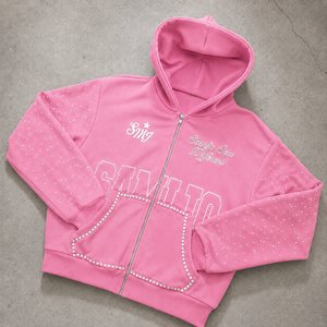 เสื้อฮู้ดซิปสีเขียวมะกอกประดับเพชรเทียมทรงโอเวอร์ไซส์ สตรีทแวร์ ผ้าฟลีซหนานุ่ม ตกแต่งด้วยหมุดโลหะ ผลิตภายใต้แบรนด์ส่วนตัว - Product Image 3