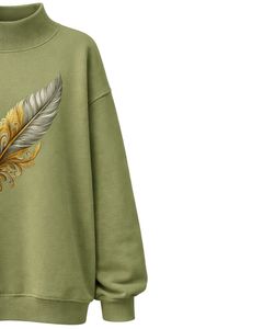 Sweat-shirt en molleton surdimensionné pour femme, vert olive, col haut, broderie de plumes, pull décontracté d'hiver, coton et polyester - Product Image 4