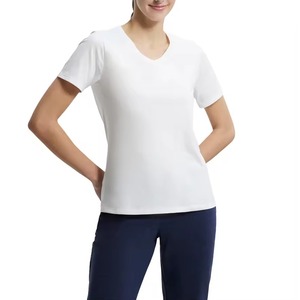 Camisetas de Cuello en V para Mujer con Logotipo Bordado Personalizado, Camisetas Casuales de Verano de Manga Corta, Transpirables, de Algodón, Lisas - Product Image 1