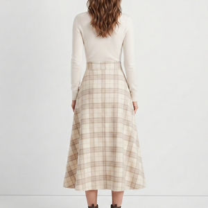 Falda Midi de Franela a Cuadros de Cintura Alta para Mujer con Detalles de Botones Delanteros, Estilo Vintage Personalizado, Color Crema - Product Image 2