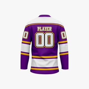 Maillot de hockey sur glace personnalisé violet, blanc et or, sublimé, manches longues, anti-humidité, uniforme adulte pour homme, logo aigle sur le devant - Product Image 3