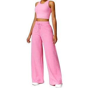 Pantalon large rose pour femme, taille haute, avec cordon de serrage, coupe ample, longueur complète, couleur unie, respirant, tricoté, style printemps - Product Image 6