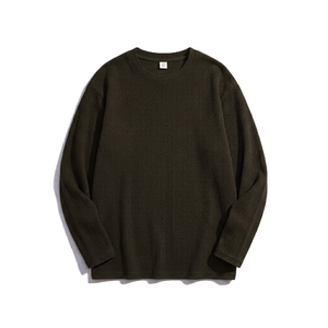 T-shirt tricoté côtelé à col rond et manches longues pour homme, grande taille, couleur unie, en coton élasthanne respirant, haut décontracté - Product Image 3