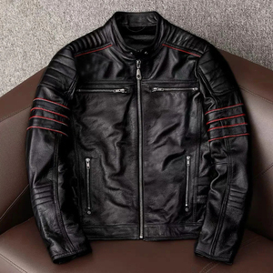 Men's Genuine Leather Moto <b>Jacket</b> Stand Collar Zipper Closure Regular Fit Solid Black <b>Biker</b> Style Autumn Wear - Product Image 3