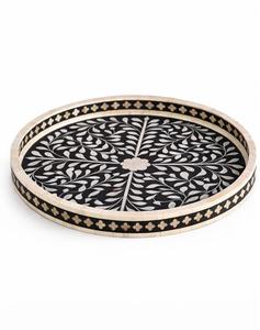 Bandeja Redonda de Lujo Tradicional Ecológica de MDF y Resina con Incrustaciones de Hueso, Diseño Floral Blanco y Negro, Calidad de Exportación, Proveedor de Artesanía India - Product Image 1