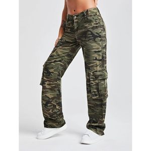 Jeans Cargo Baggy à jambe large droite pour femmes poche à rabat taille haute coupe décontractée haut camouflage respirant taille 2XL pour adolescentes - Product Image 1