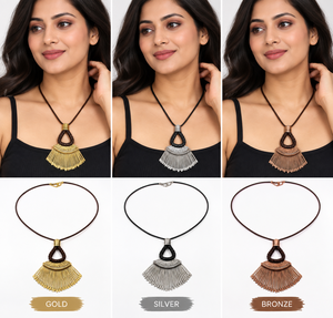 Collier pendentif éventail doré en alliage, fait main, avec cordon en cuir tressé, style bohème vintage, bijou statement pour femme - Product Image 2
