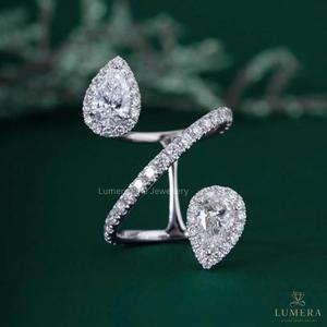 Bague ouverte de luxe en argent sterling 925 avec diamant taille poire et halo, ajustable, pour femme, bague de cocktail audacieuse - Product Image 1