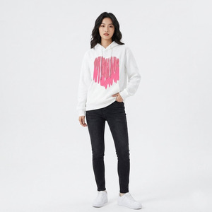 Custom Logo <b>Pink</b> Heart Graphic Hoodie White Heavyweight Streetwear <b>Sweatshirt</b> Wholesale Men Puff Print Pullover Drop Shoulder - Product Image 6