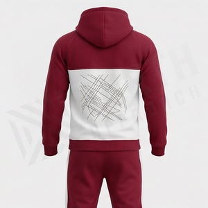 Men's Hooded <b>Tracksuit</b> Set Maroon White Geometric Print Casual Full Sleeve Autumn Wear Breathable Polyester Cotton Regular Fit - Product Image 2