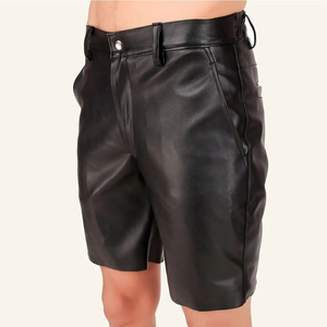 Pantalones Cortos de Cuero Genuino Negro Sólido para Hombre, Cierre con Botones, Cintura Media, Bolsillos con Cordón, Tejido Transpirable de Secado Rápido - Product Image 4