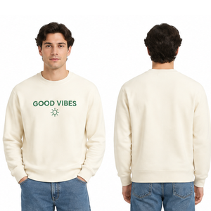 Sudadera Personalizada OEM Color Marfil con Serigrafía Verde Oscuro y Eslogan 'Good Vibes' Cuello Redondo Casual - Product Image 3